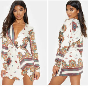 PrettyLittleThing White Printed  Silky Long Sleeve Wrap Dress size 6